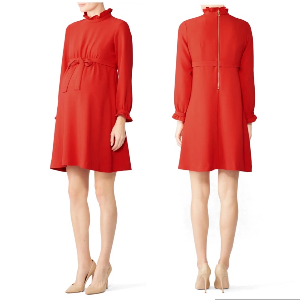 Sail to Sable Red Ruffle Maternity Dress Long Sleeve Waist Tie size 8 Crew Neck